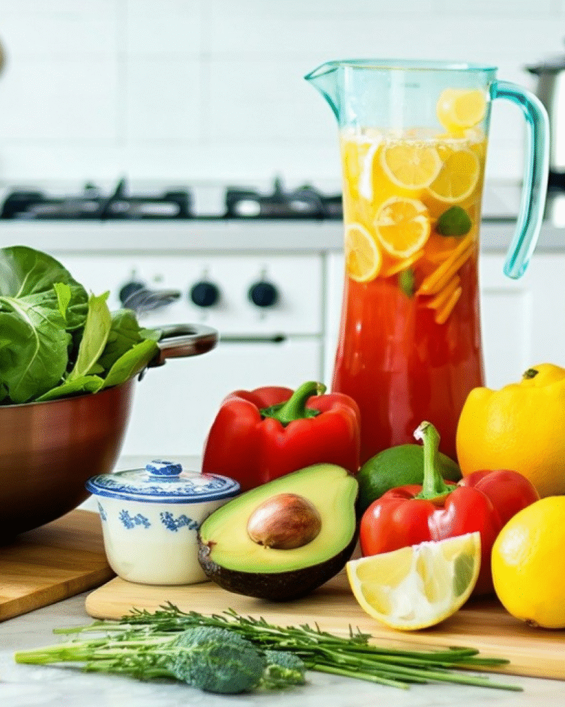 image with vegetables on a kitchen counter and a glass jar full of pieces of fruits